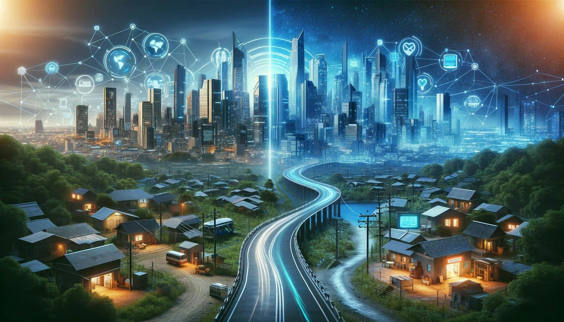 A digital landscape showing a futuristic city with advanced healthcare technology on the left and a rural town with limited digital access on the right, connected by a bridge symbolizing efforts to bridge the digital divide.