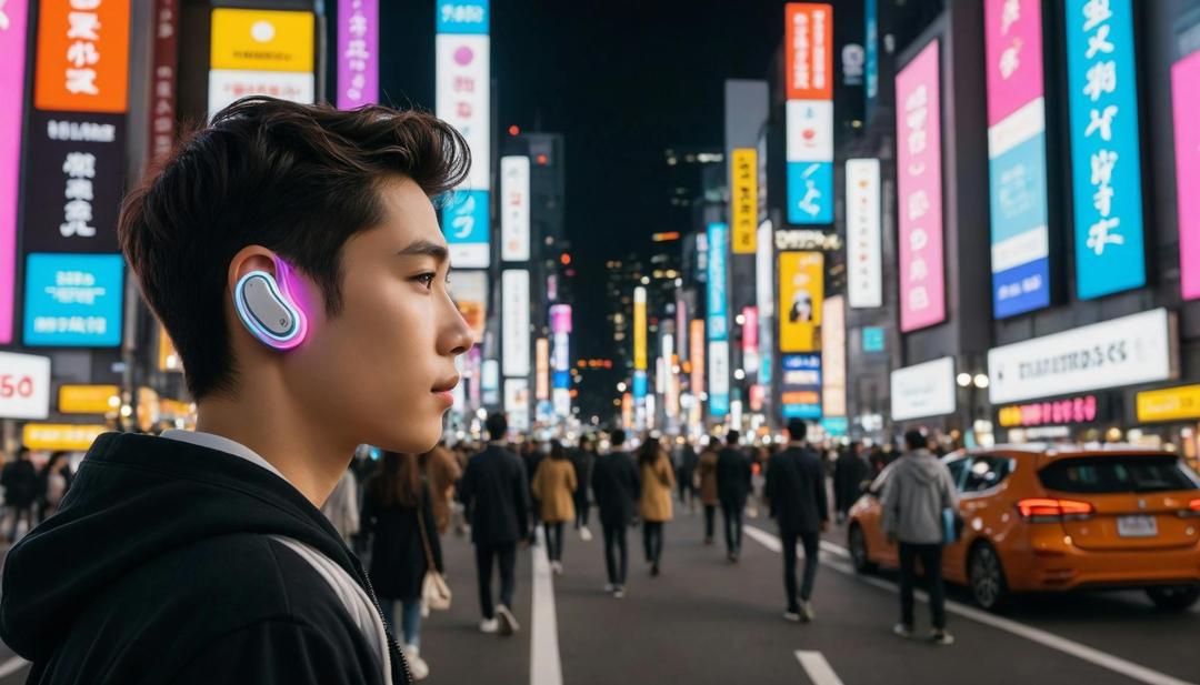 Man with ear piece looking ahead, with Tokyo lights as backdrop