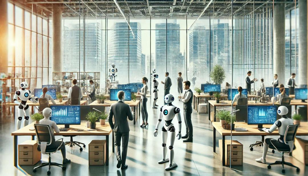 An office with a mix of robots and humans