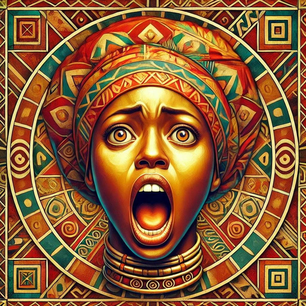 This image is a vibrant reimagining of Edvard Munch's "The Scream" with Afrocentric elements. The central figure, expressing a wide-mouthed scream, wears a colorful headwrap with intricate patterns, and the background is filled with geometric, tribal-like motifs in warm, earthy tones of red, orange, and gold. The artwork blends traditional African design with a sense of emotional intensity, creating an ambivalent mood that could be interpreted as either pain or pleasure. The circular framing around the figure draws attention to the intensity of the expression, while the vibrant colors evoke warmth and collectivism.